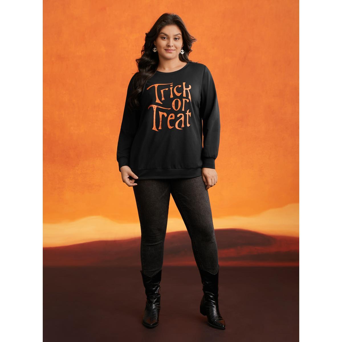 Plus Size Trick Or Treat Slogan Printed Sweatshirt Women Black Casual Non Round Neck Everyday Sweatshirts BloomChic 28/5X Product Image