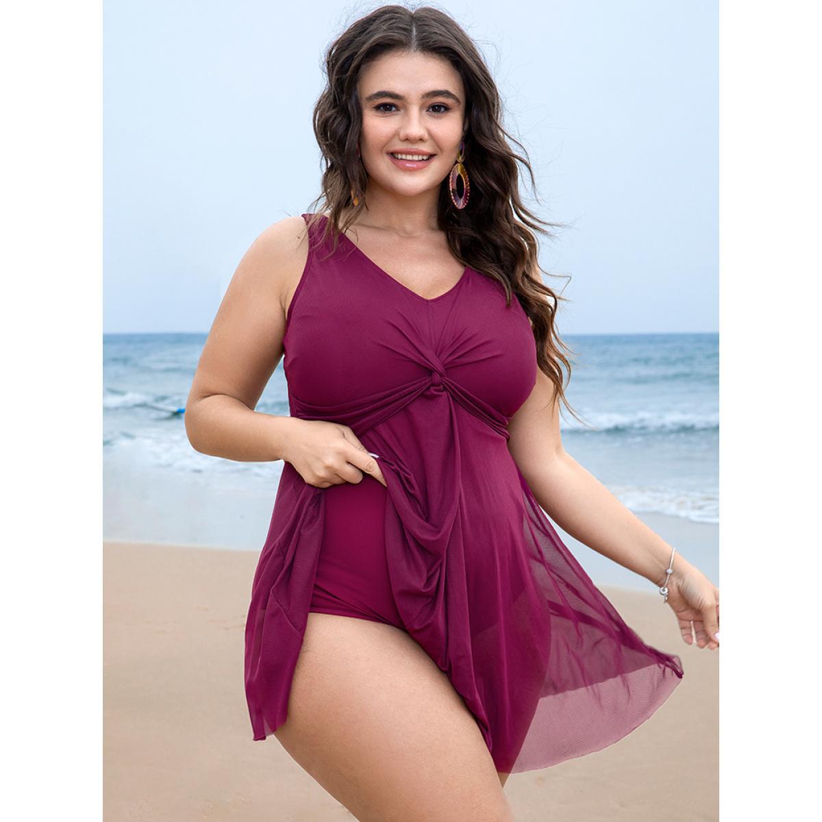 Plus Size Adjustable Straps Mesh Flutter Hem Twist Swim Dress Women's Swimwear RedViolet Vacation Bodycon V-neck High stretch Curve Swim Dresses BloomChic 10/M Product Image