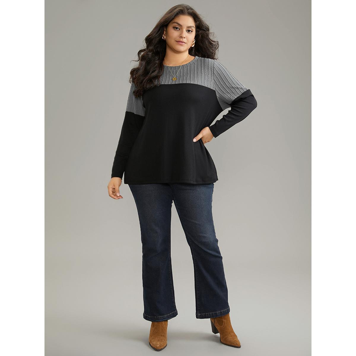 Plus Size Textured Patchwork Contrast Crew Neck Knit T-shirt DarkGray Women Casual Texture Plain Round Neck Dailywear T-shirts BloomChic 14-16/1X Product Image