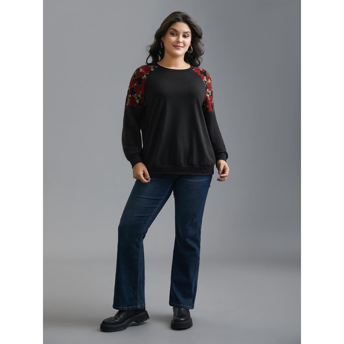 Plus Size Floral Raglan Sleeve Stretchy Fitted Sweatshirt Women Black Casual Contrast Round Neck Everyday Sweatshirts BloomChic 18-20/2X Product Image