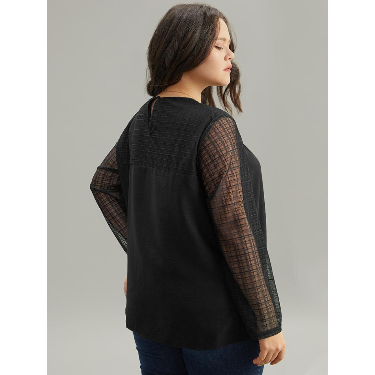 Plus Size Black Solid Keyhole Mesh Plicated Detail Blouse Women Glamour Long Sleeve Round Neck Going out Blouses BloomChic 10/M Product Image