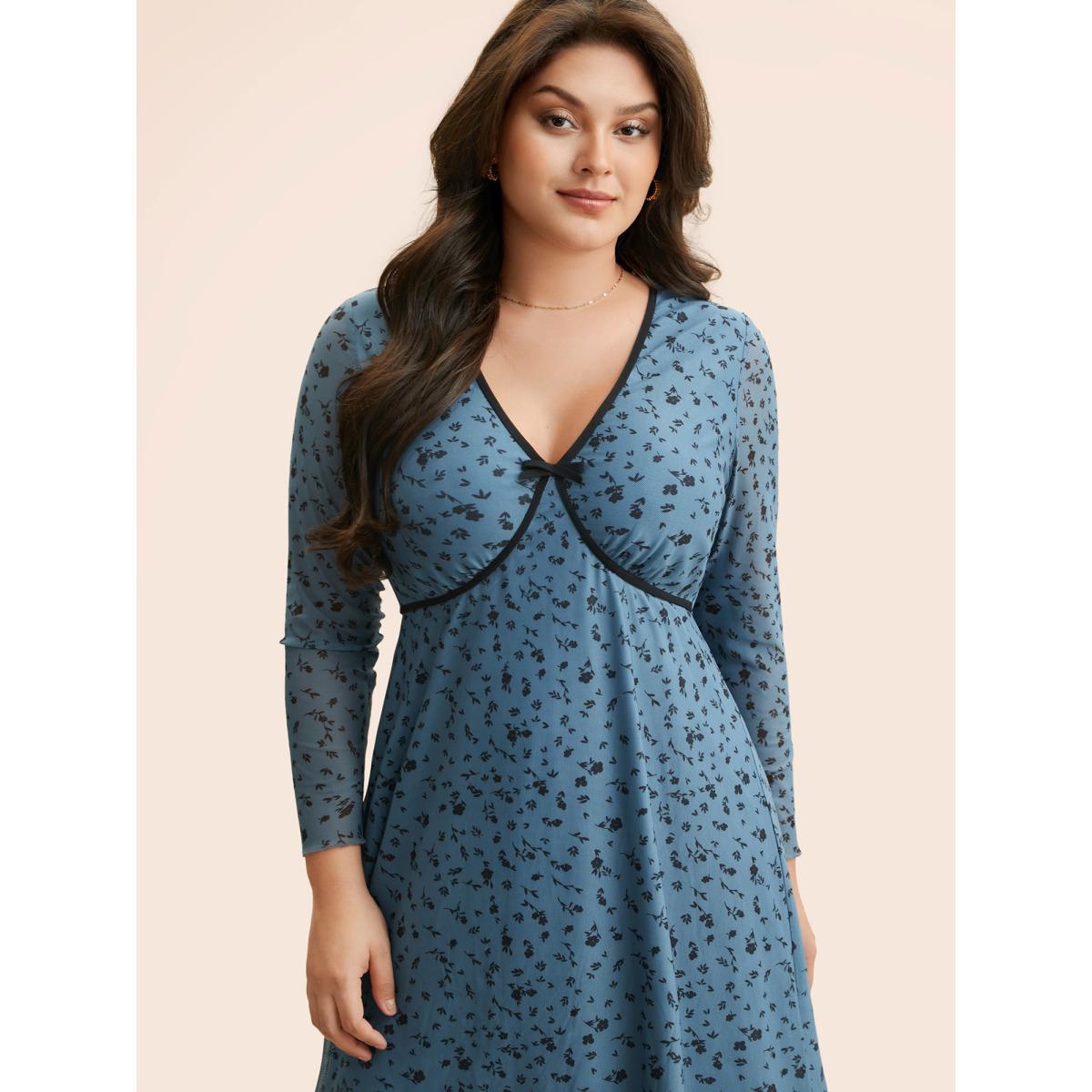 Plus Size Ditsy Floral Bowknot Patchwork Mesh Dress Cerulean Women Elegant Woven ribbon&lace trim V-neck Long Sleeve Curvy BloomChic 26/4X Product Image