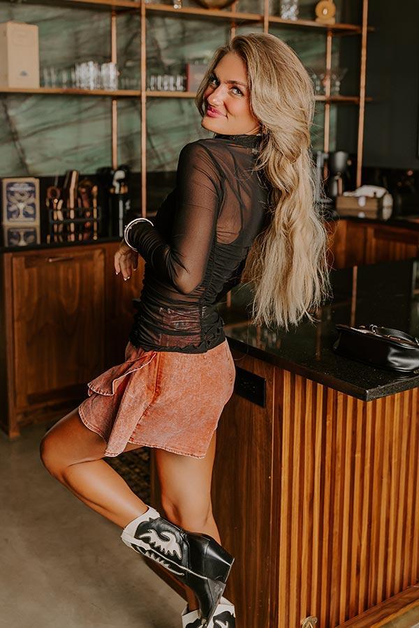 Chic Lifestyle Ruched Mesh Top in Black Product Image