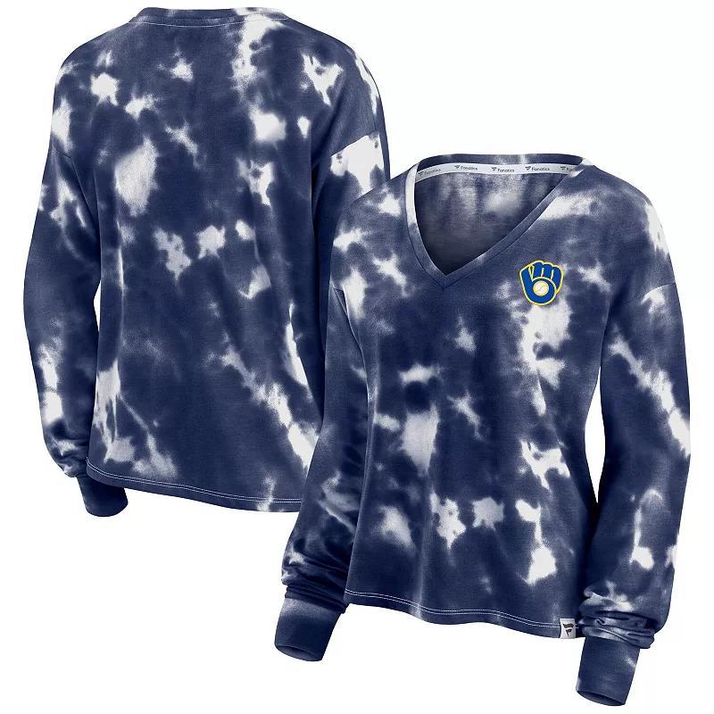 Women's Fanatics Branded White/Navy Boston Red Sox Tie-Dye V-Neck Pullover Cropped Tee, Size: XL Product Image