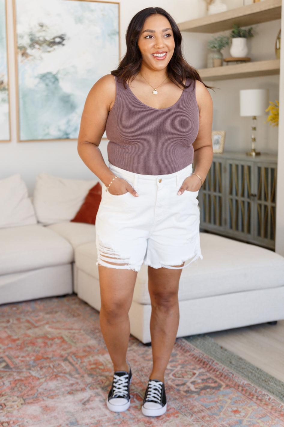 Jessie Hi-Rise Rigid Magic Cutoff Judy Blue Shorts in White - ONLINE EXCLUSIVE! Product Image