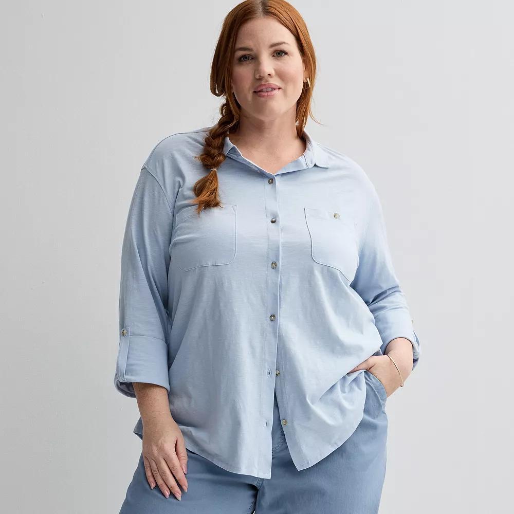 Plus Size Sonoma Goods For Life® Collared 3/4 Sleeve Button Down Shirt, Women's, Size: 5XL, Peri Dusk Product Image