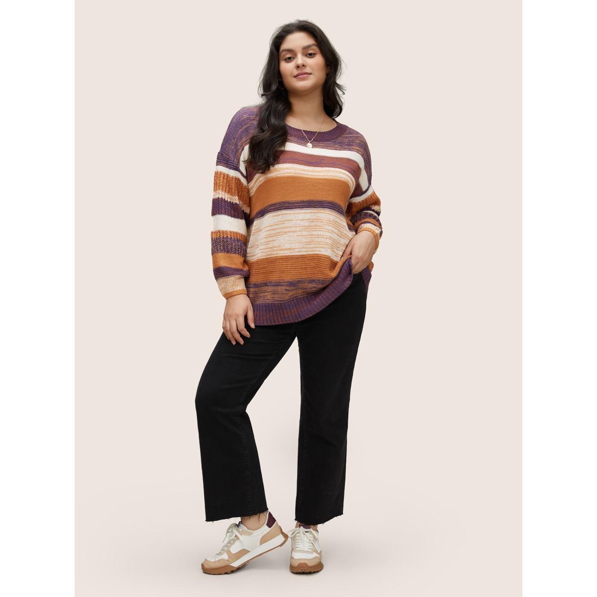 Plus Size Colorblock Heather Drop Shoulder Loose Pullover Multicolor Women Casual Loose Long Sleeve Round Neck Dailywear Pullovers BloomChic 18-20/2X Product Image