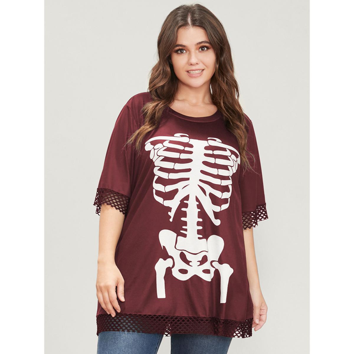 Plus Size Halloween Skeleton Print Fishnet Patch T-shirt Burgundy Women Casual Printed Graphic-Halloween Round Neck Dailywear T-shirts BloomChic 18-20/2X Product Image