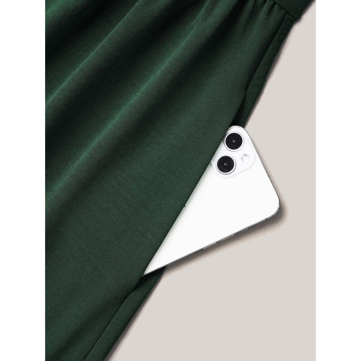 Plus Size Bib-Front V-Neck Pockets Tiered Midi Dress DarkGreen Women Elegant Tucked seam V-neck Short sleeve Curvy BloomChic 18-20/2X Product Image