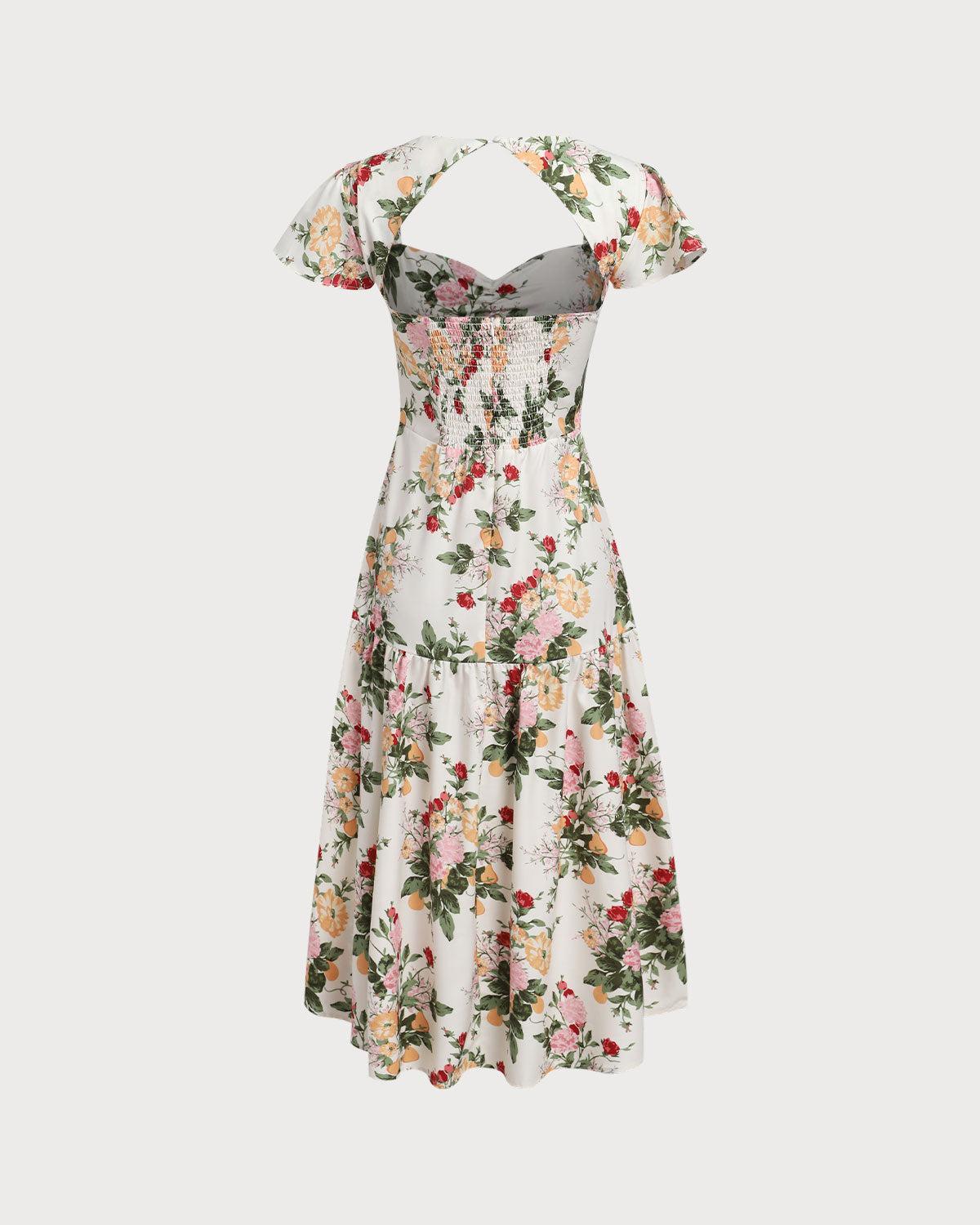 Green Floral Shirred Square Neck Midi Dress Product Image