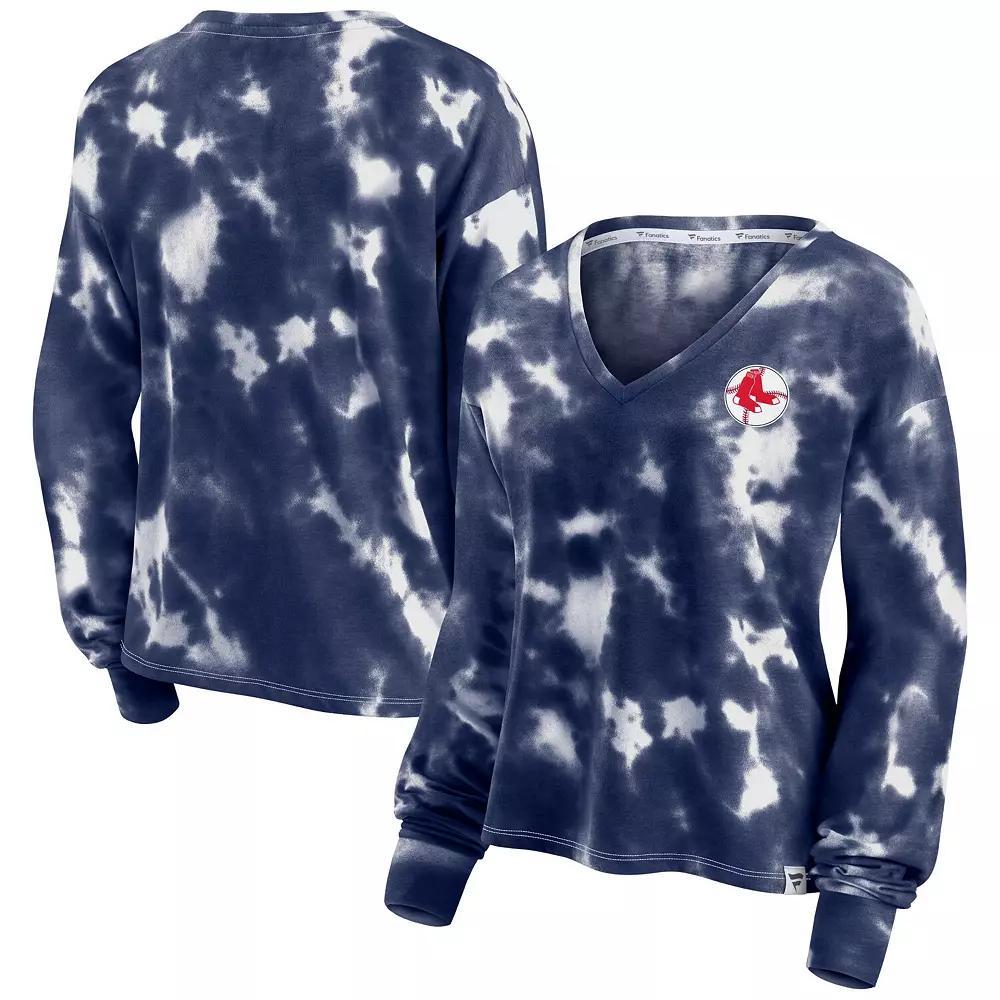 Women's Fanatics Branded White/Navy Boston Red Sox Tie-Dye V-Neck Pullover Cropped Tee, Size: XL Product Image