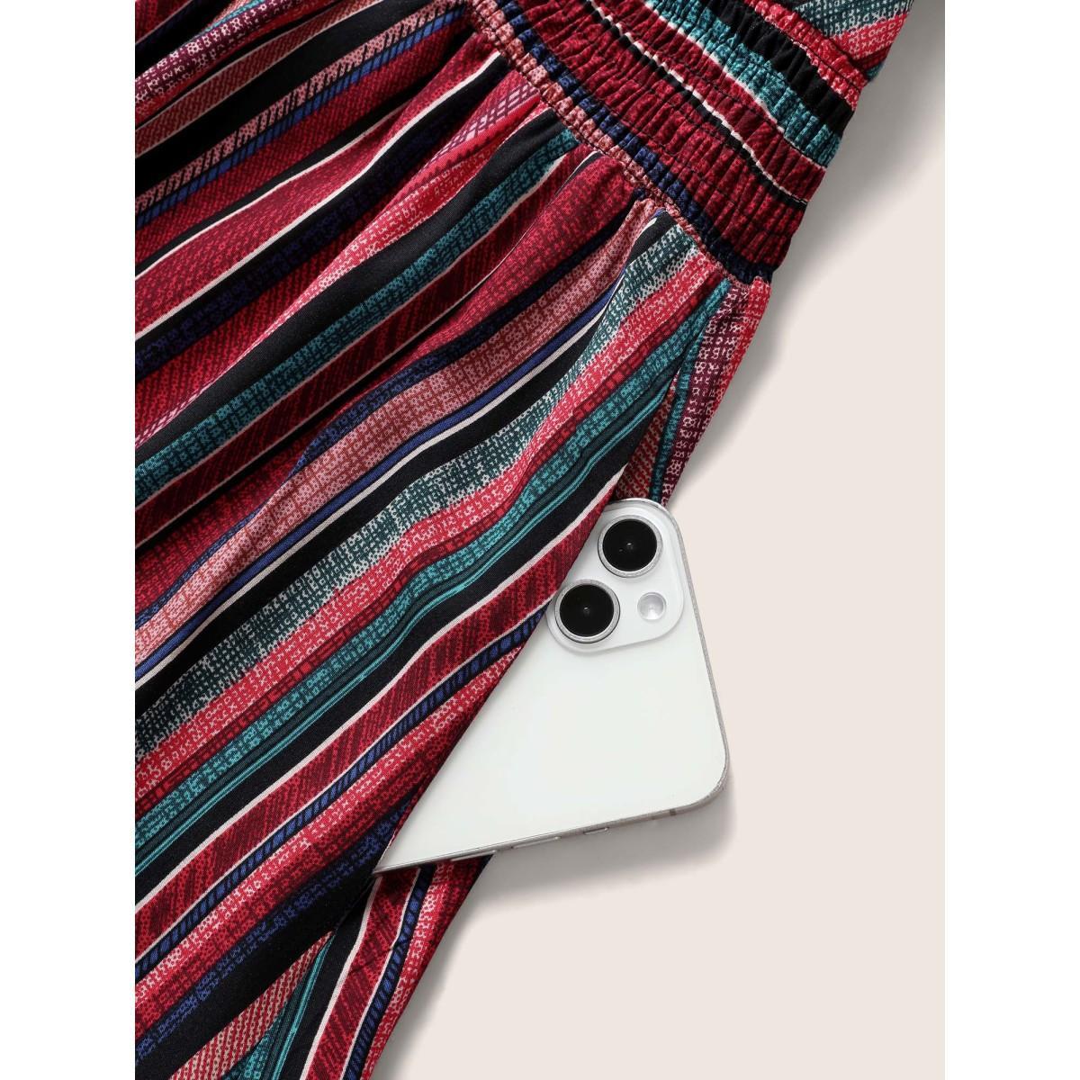 Plus Size Striped Contrast Dolman Sleeve Shirred Pocket Split Flutter Dress Rosered Women Resort Non V-neck Half Sleeve Curvy BloomChic 10/M Product Image