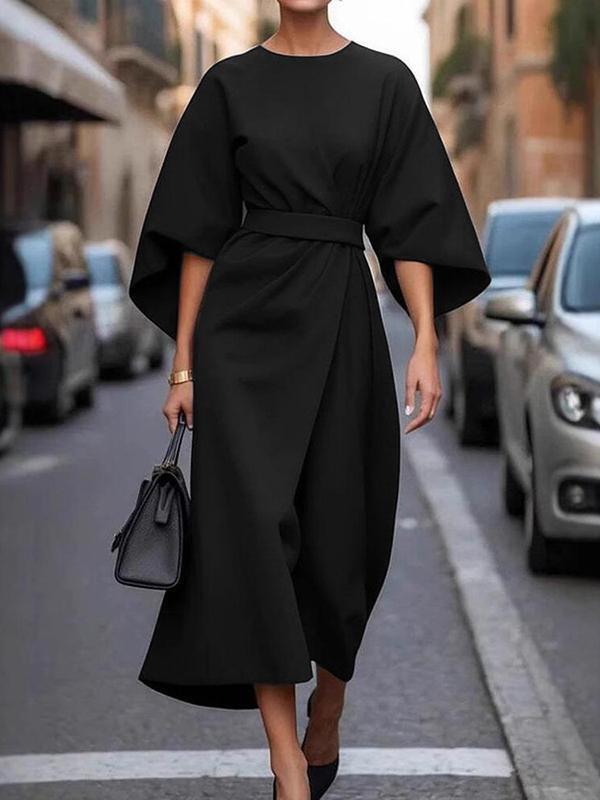 Loose Puff Sleeves Pleated Solid Color Split-Joint Round-Neck Midi Dresses Product Image