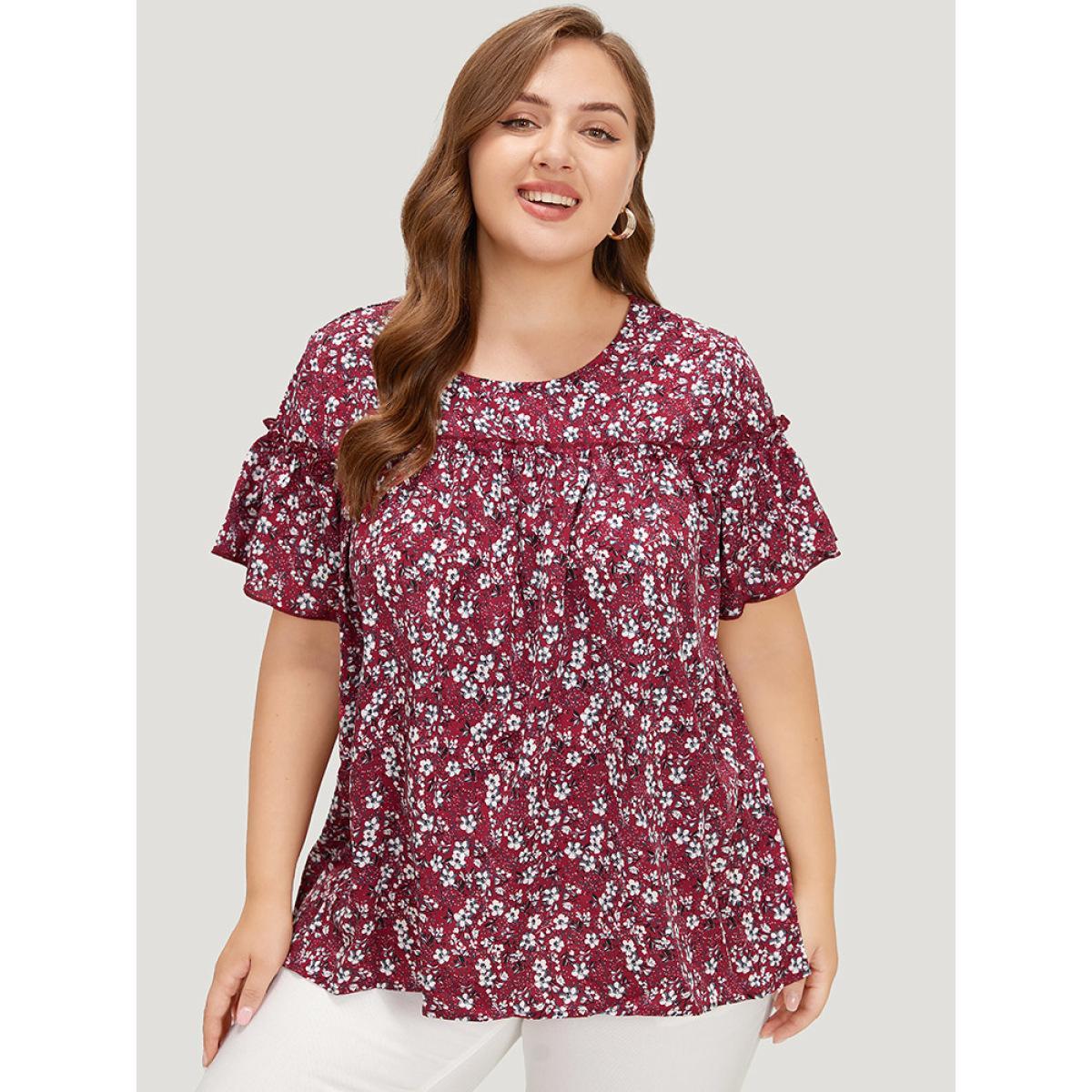 Plus Size Burgundy Ditsy Floral Frill Trim Gathered Ruffle Sleeve Blouse Women Elegant Short sleeve Round Neck Dailywear Blouses BloomChic 26/4X Product Image