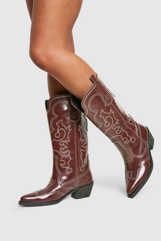 Vintage Look Calf Detail Embroidered Western Cowboy Boots Product Image