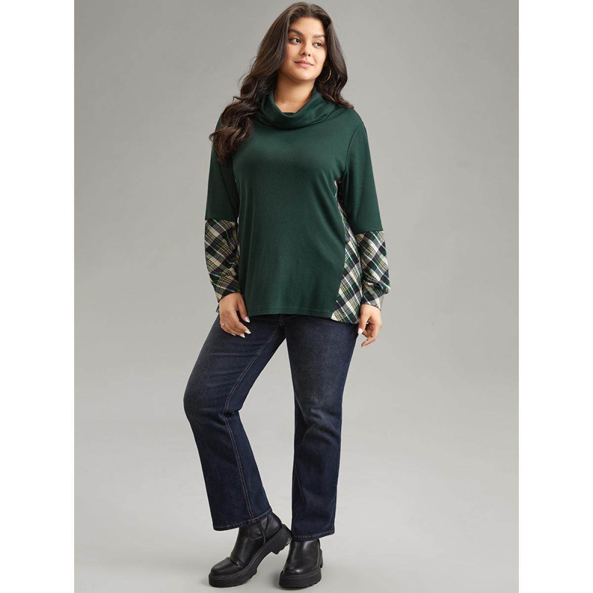Plus Size Mock Neck Plaid Patchwork Knit T-shirt DarkGreen Women Casual Patchwork Plaid Mock Neck Dailywear T-shirts BloomChic 18-20/2X Product Image