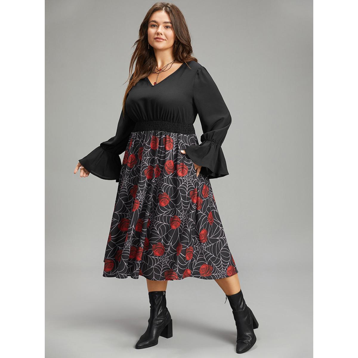 Plus Size Halloween Rose Ruffles Shirred Elastic Waist Dress Black Women Casual Printed V-neck Long Sleeve Curvy Midi Dress BloomChic 26/4X Product Image