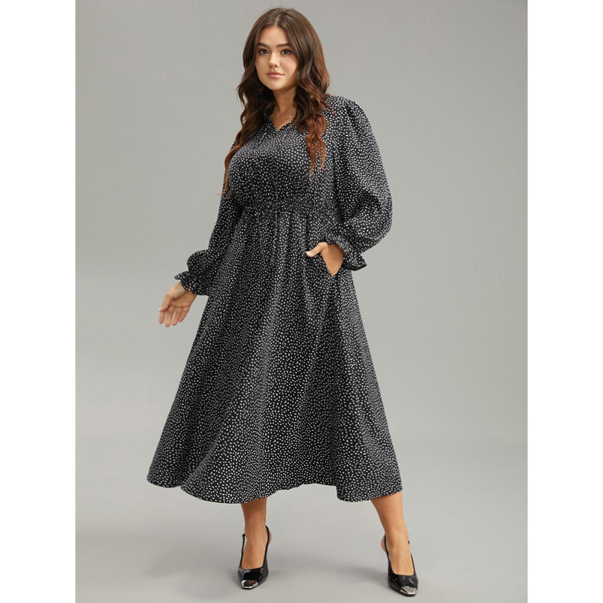 Plus Size Water Drop Print Shirred Frill Trim Tie Neck Dress BlackFlower Women Office Cross straps Tie Neck Long Sleeve Curvy Midi Dress BloomChic 30/6X Product Image