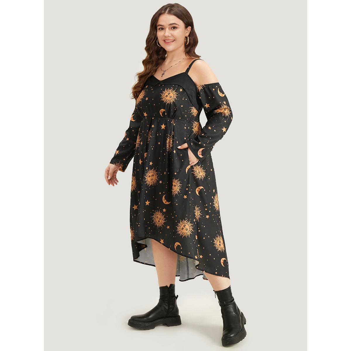 Plus Size Halloween Moon & Star Cold Shoulder Pocket Elastic Waist Dress Black Women Casual Adjustable Straps Spaghetti Strap Long Sleeve Curvy Midi Dress BloomChic 22-24/3X Product Image