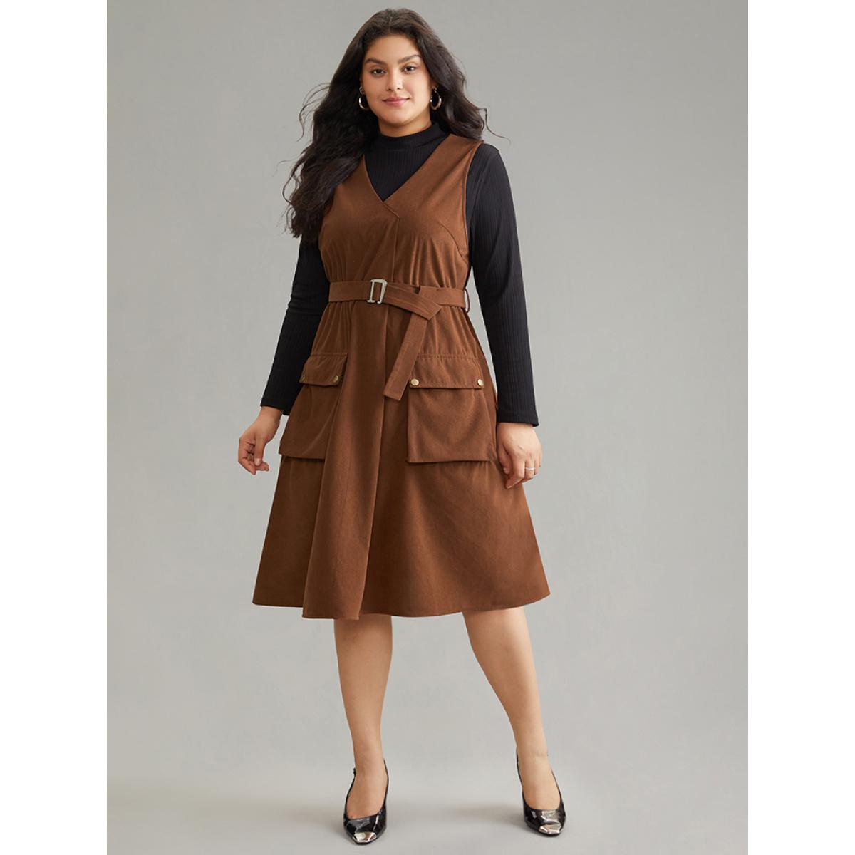 Plus Size Solid Belted Buckle Detail Flap Pocket Sleeveless Dress Bronze Women Office Plain V-neck Sleeveless Curvy Midi Dress BloomChic 10/M Product Image