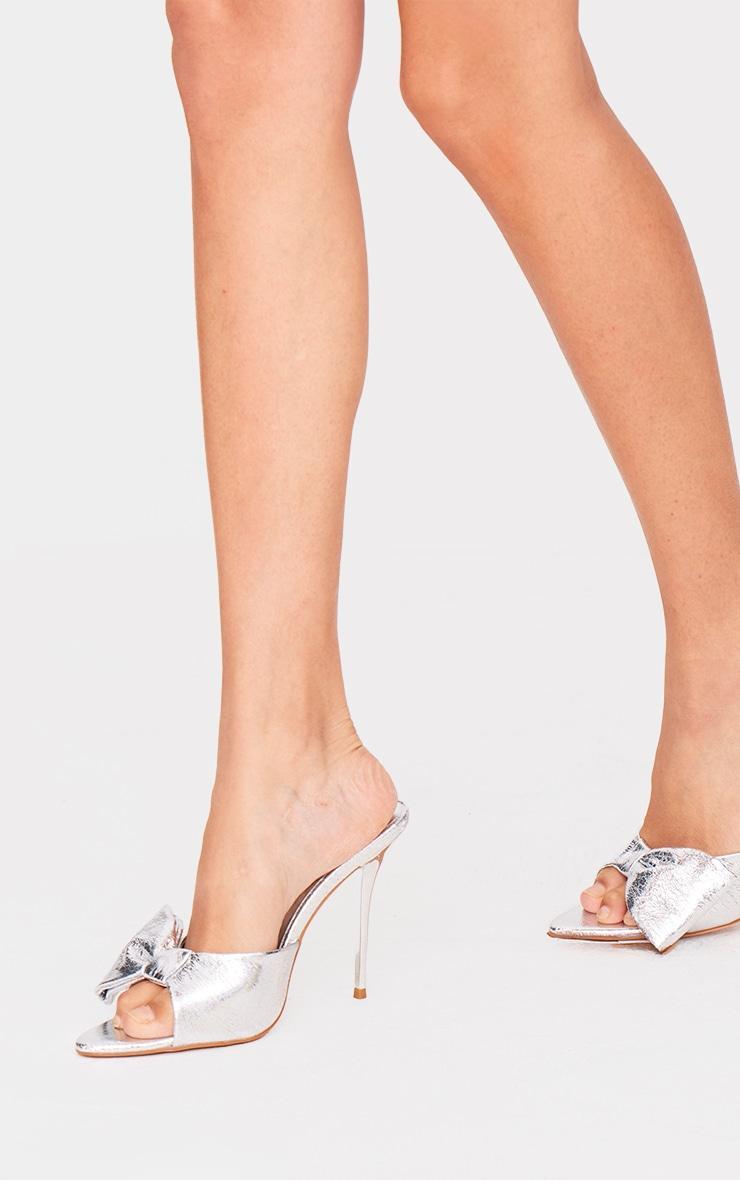 Silver PU Point Toe Half Bow Heeled Mules Product Image