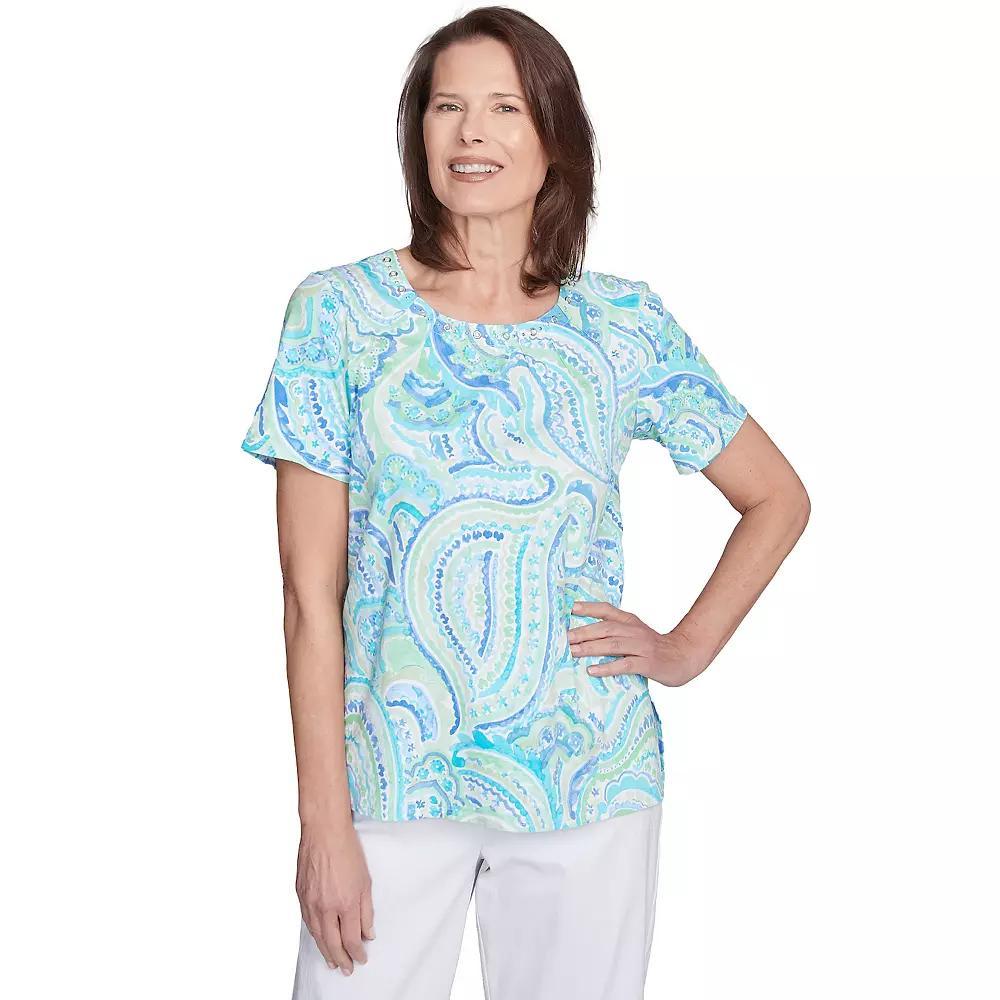 Petite Alfred Dunner Pleated Crew Neck Paisley Top, Women's, Size: Large Petite, Blue Team Product Image