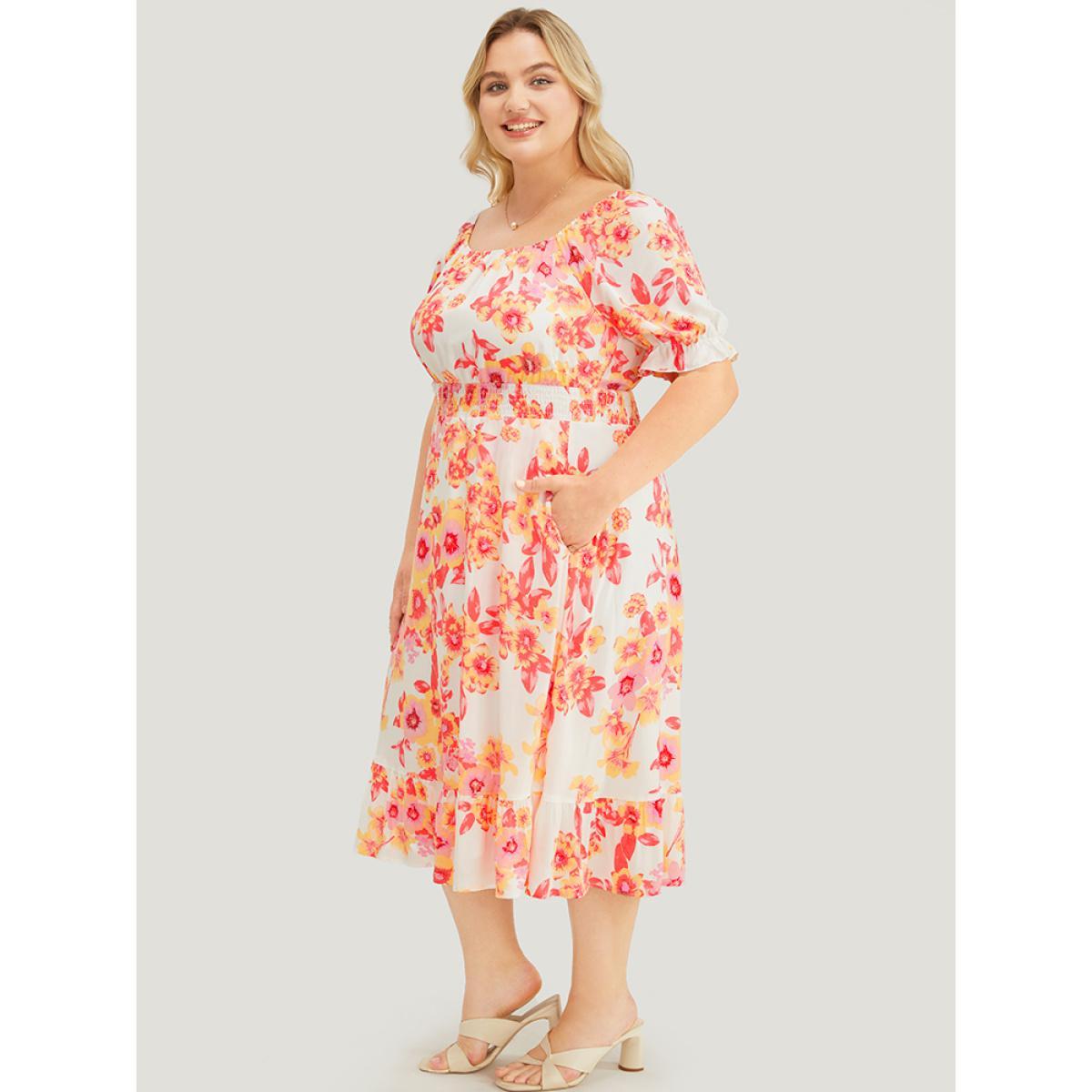 Plus Size Floral Puff Sleeve Pocket Square Neck Shirred Dress Pink Women Elegant Pocket Square Neck Short sleeve Curvy Midi Dress BloomChic 10/M Product Image