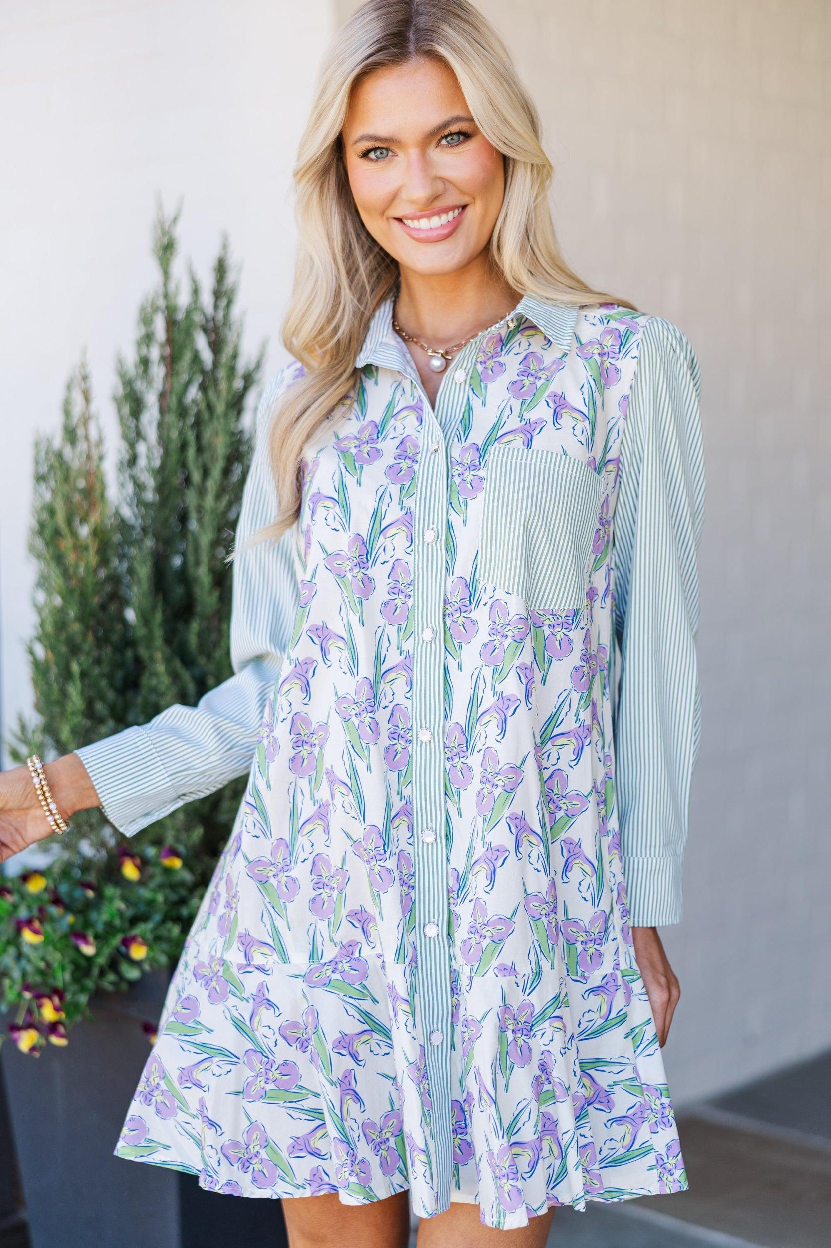 All Your Own Green Mixed Floral Shirt Dress Female Product Image