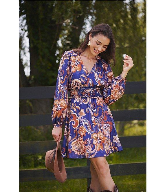 Adrianna Papell Long Sleeve V-Neck Large Paisley Pattern Mini Dress Product Image