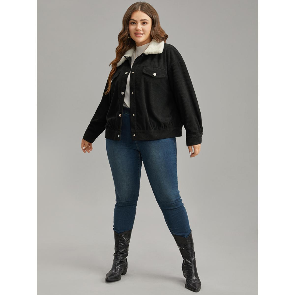 Plus Size Contrast Patchwork Metal Detail Shacket Women Black Contrast Dailywear Jackets BloomChic 12/L Product Image
