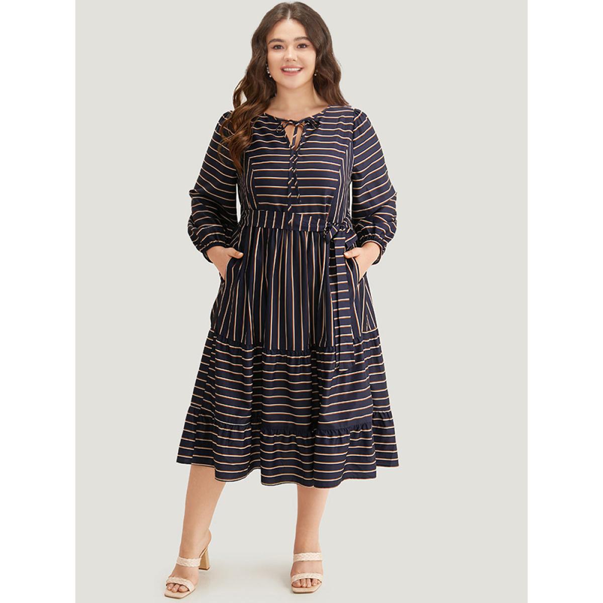 Plus Size Striped Tie Neck Pocket Ties Dress Indigo Women Vacation Elastic cuffs Tie Neck Long Sleeve Curvy Midi Dress BloomChic 22-24/3X Product Image