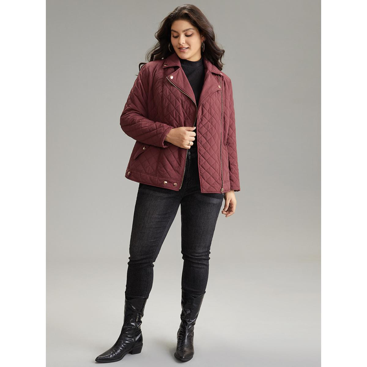 Plus Size Zipper Fly Quilted Button Detail Lapel Collar Jacket Women Burgundy Texture Pocket Dailywear Jackets BloomChic 22-24/3X Product Image