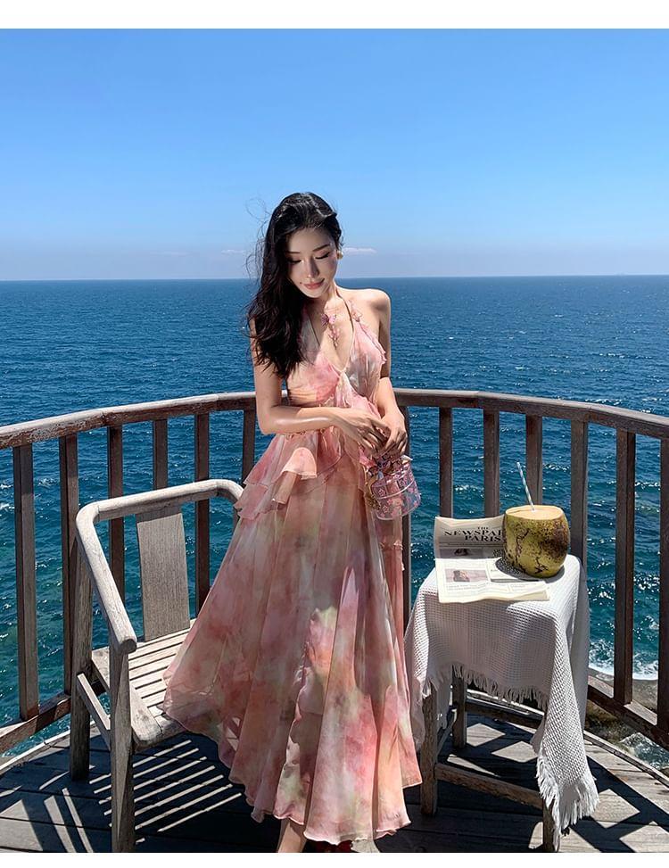 Halter-Neck Floral Print Asymmetrical Ruffled Maxi Sundress Product Image