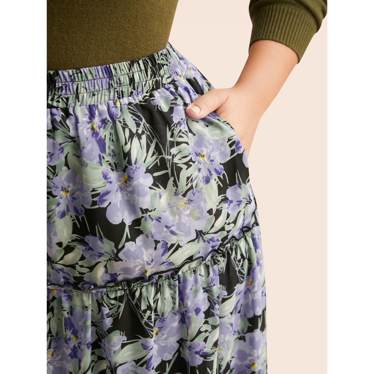 Plus Size Floral Ruffle Layered Hem Skirt Women BlackFlower Elegant No stretch Slanted pocket Everyday Skirts BloomChic 22-24/3X Product Image