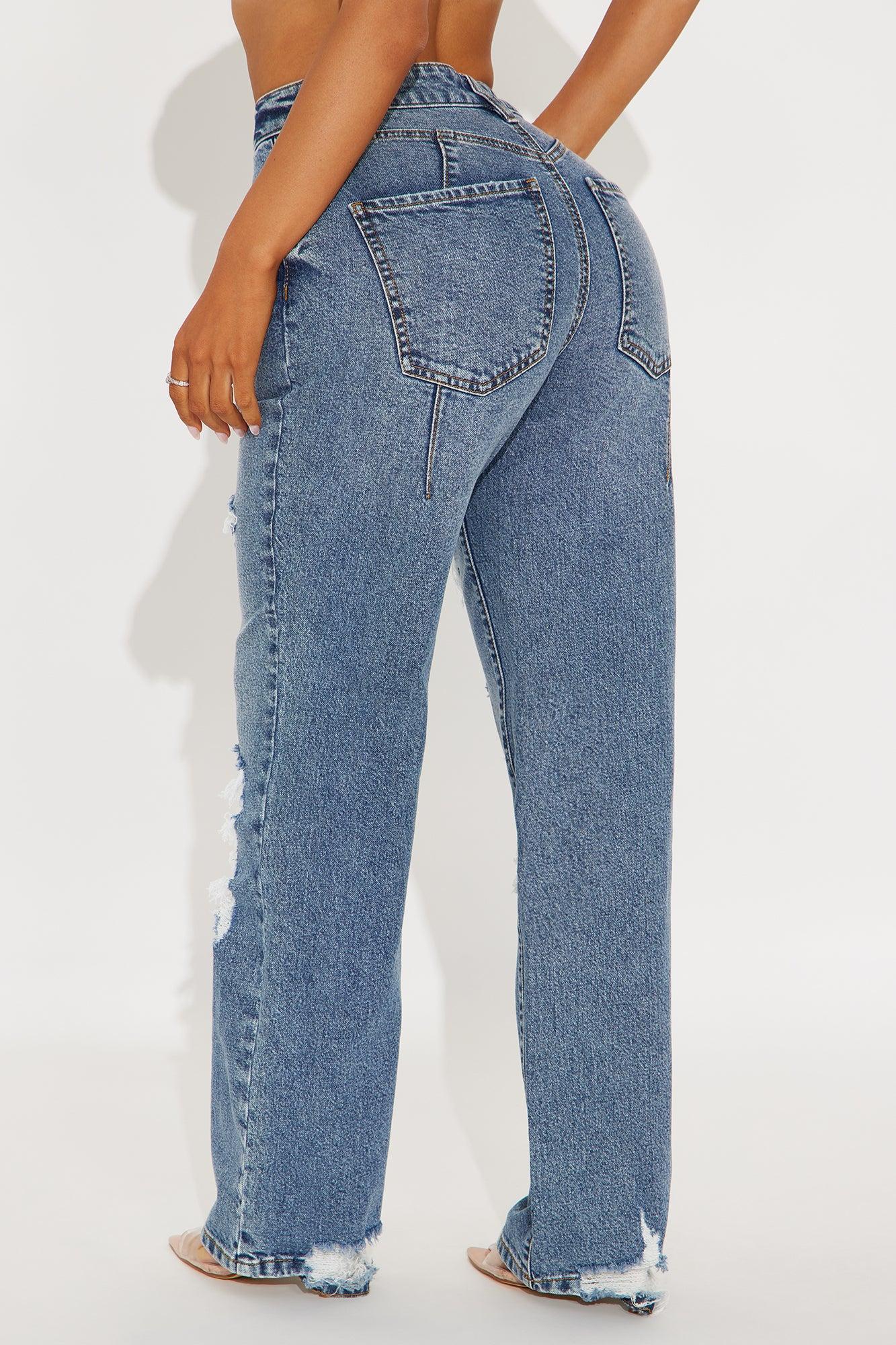 Petite Posted Stretch Ripped Straight Leg Jeans - Medium Wash Product Image
