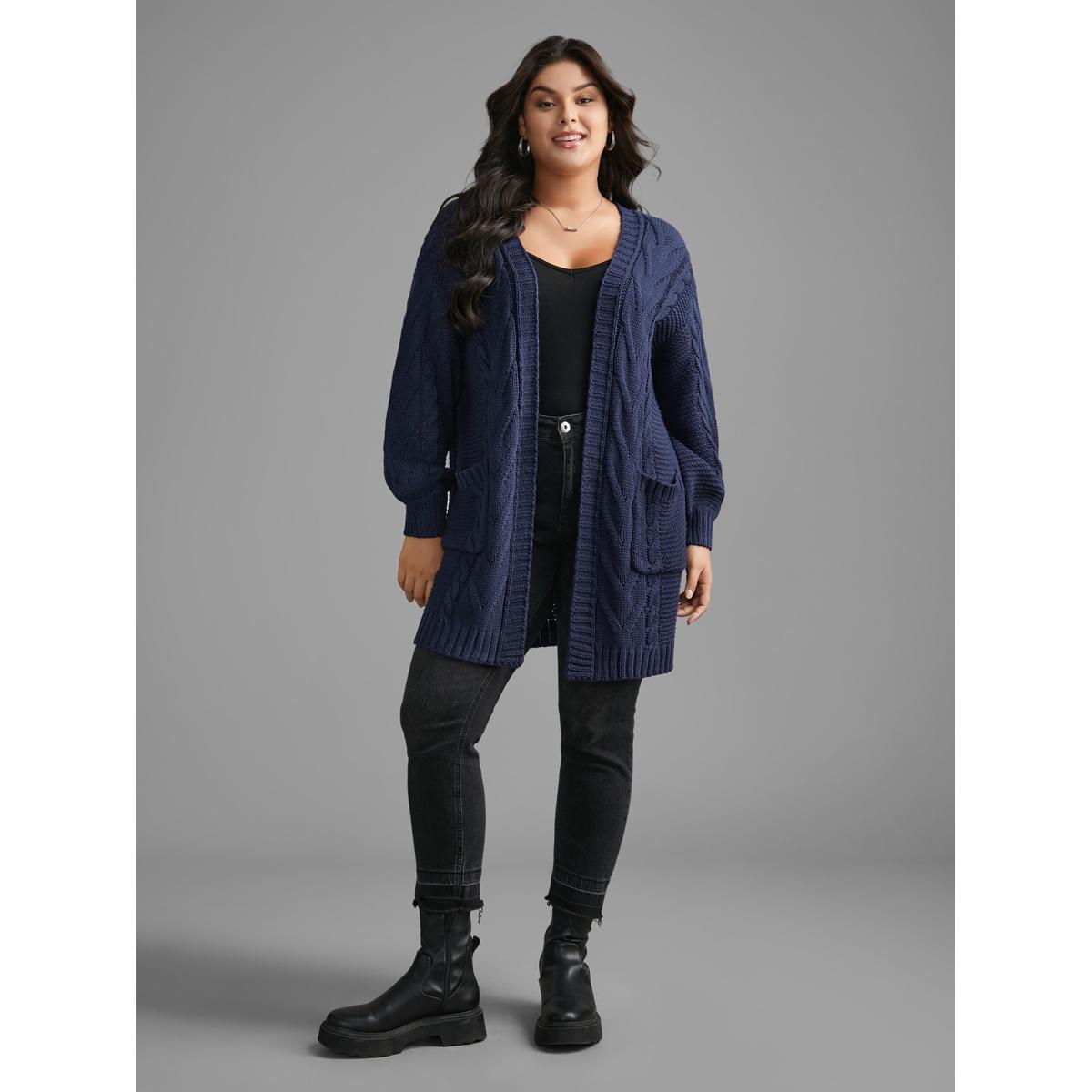 Plus Size Texture Cable Knit Patched Pocket Cardigan Indigo Women Casual Long Sleeve Everyday Cardigans BloomChic 18-20/2X Product Image