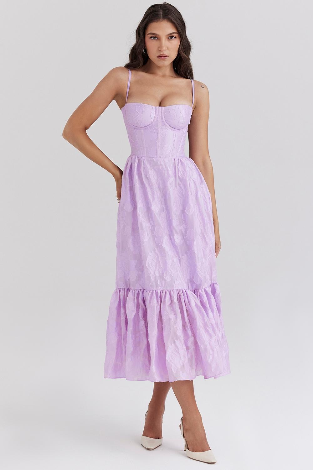 Mira Orchid Floral Jacquard Tiered Midi Dress Product Image