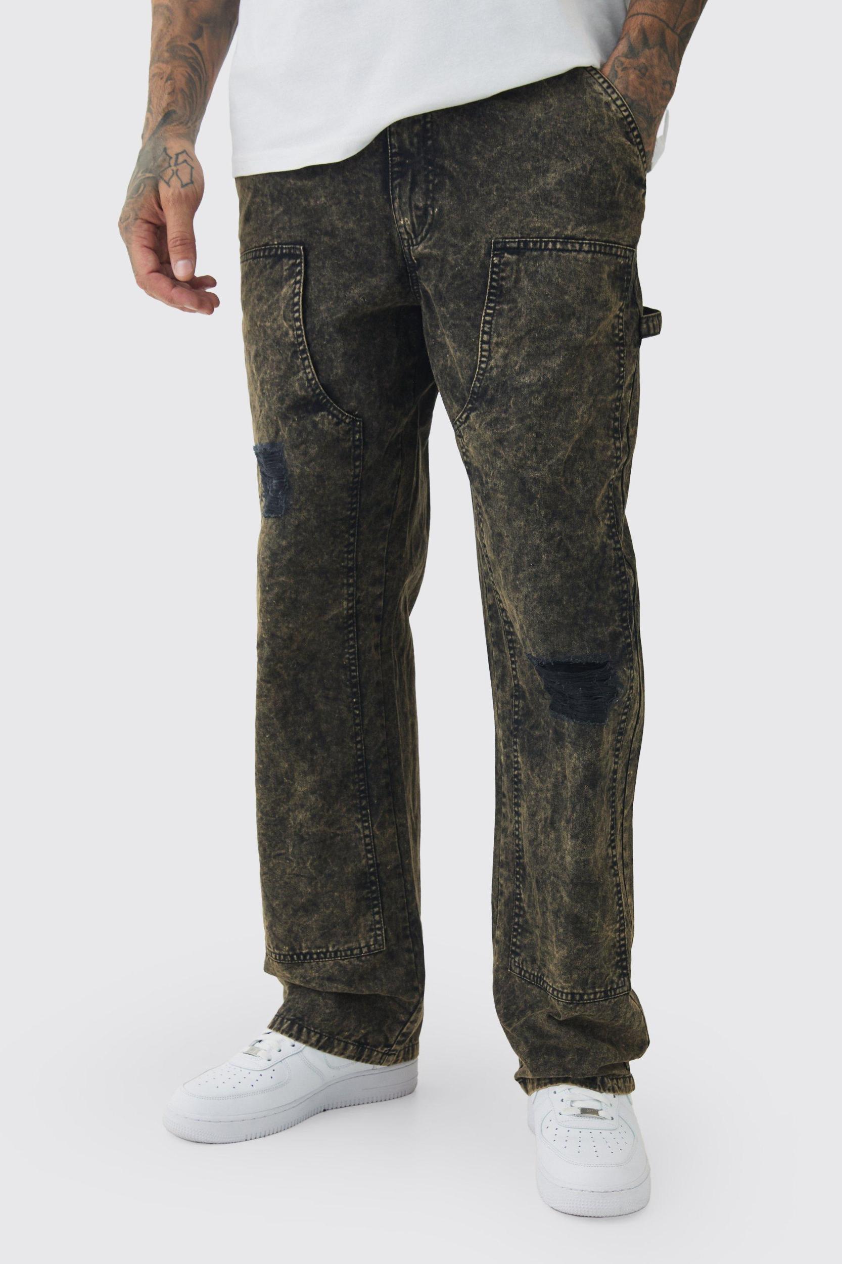 Tall Acid Wash Carpenter Pants With Knee Rips | boohooMAN USA Product Image