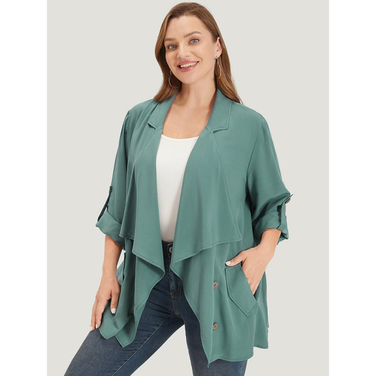 Plus Size Solid Pocket Asymmetrical Neck Roll Tab Sleeve Jacket Women Emerald Plain Loose Pocket Dailywear Jackets BloomChic 14-16/1X Product Image