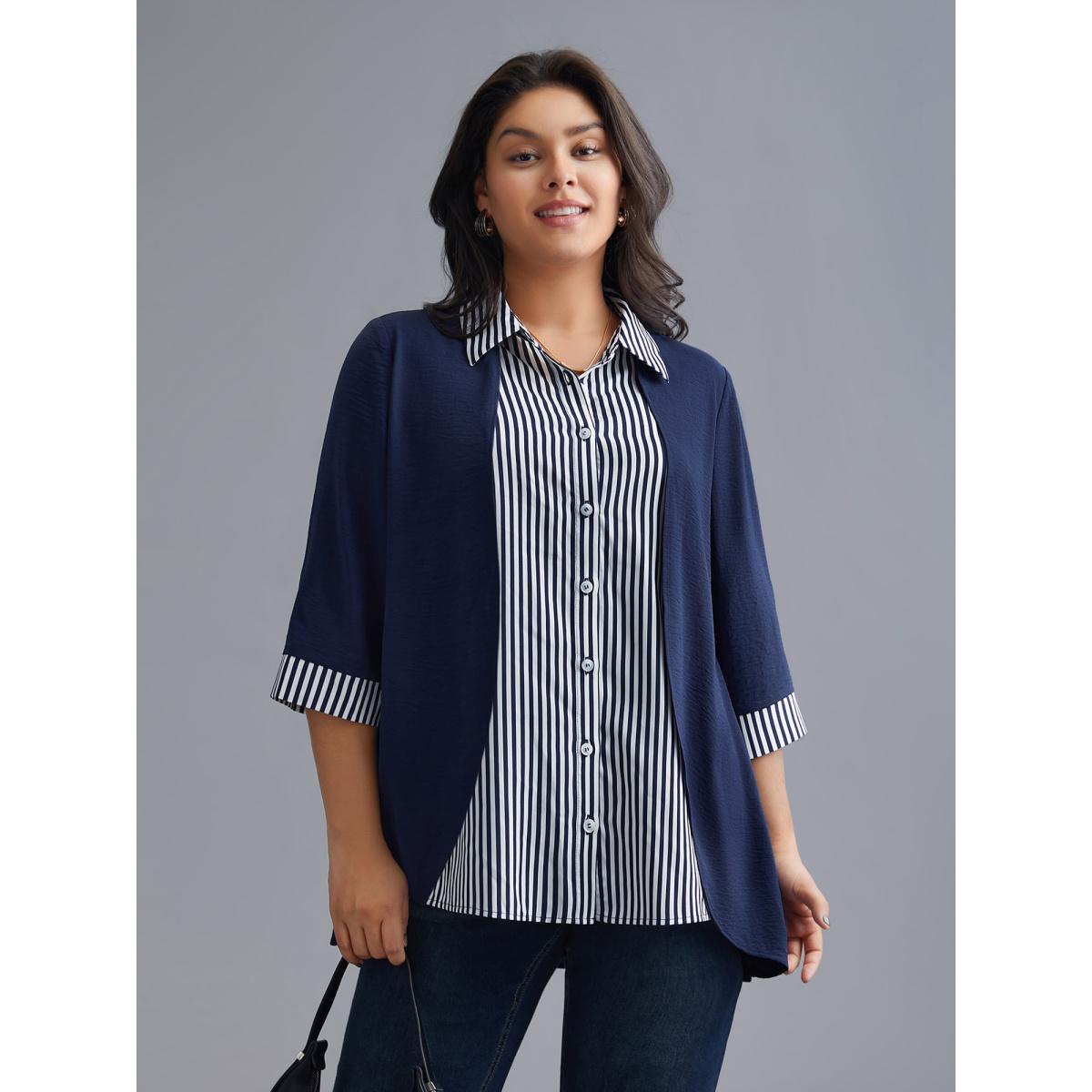 Plus Size Indigo Shirt Collar Patchwork Striped Blouse Women At the Office Extra Long Sleeve Square Neck Work Blouses BloomChic 26/4X Product Image