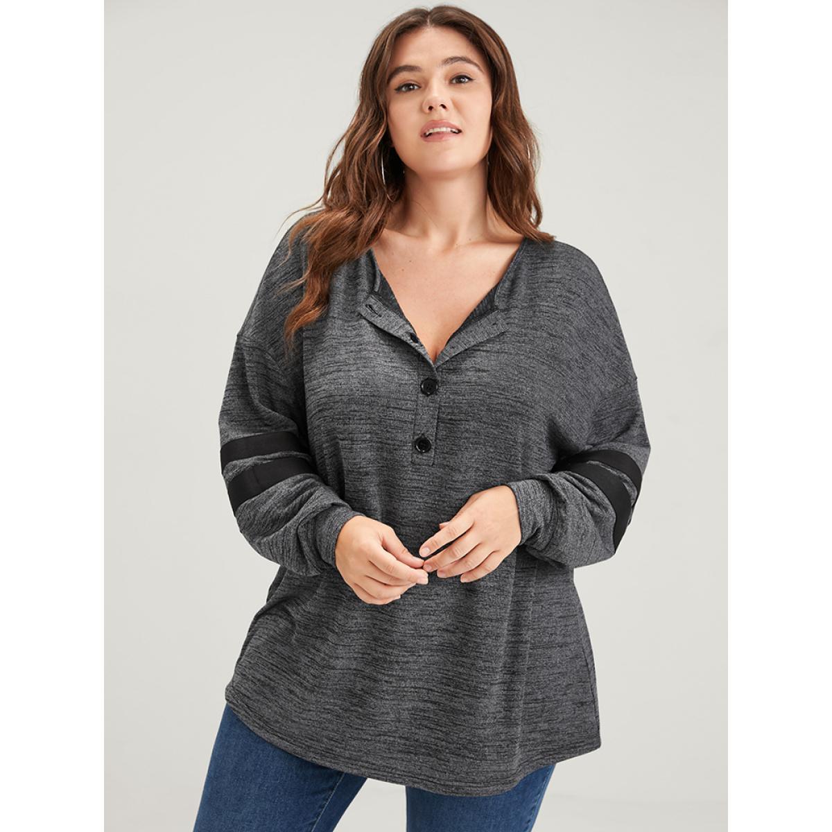 Plus Size Plain Contrast Button Up Round Neck Sweatshirt Women DimGray Casual Contrast Round Neck Dailywear Sweatshirts BloomChic 28/5X Product Image