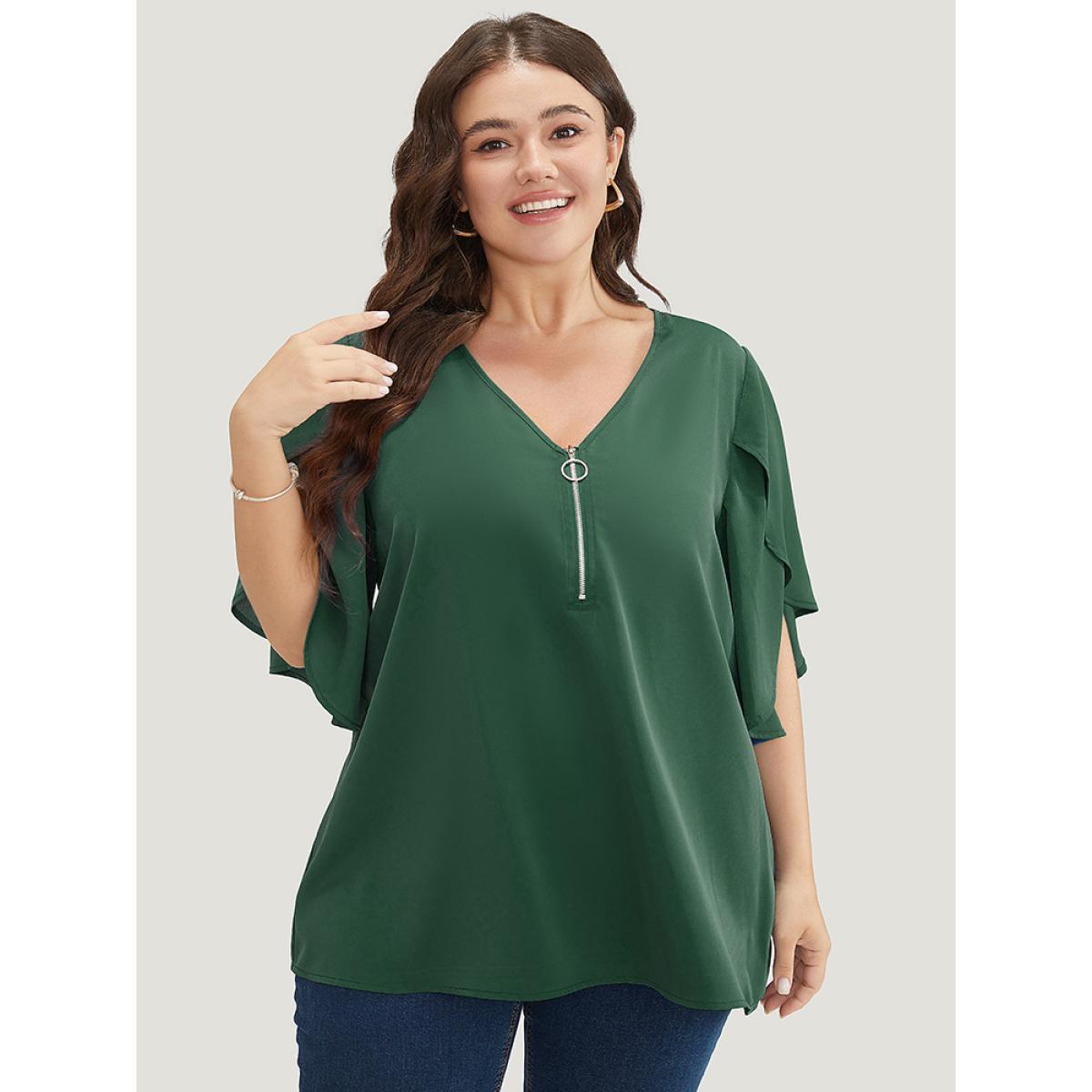 Plus Size ArmyGreen Solid Half Zipper Split Petal Sleeve Blouse Women Office Half Sleeve V-neck Work Blouses BloomChic 12/L Product Image