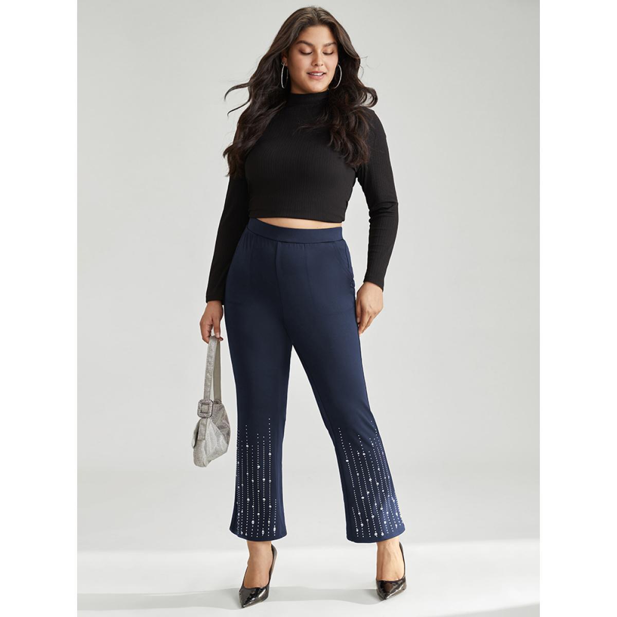 Plus Size Rhinestone Elastic Waist Bootcut Pants Women Indigo Cocktail Bootcut High Rise Party Pants BloomChic 26/4X Product Image