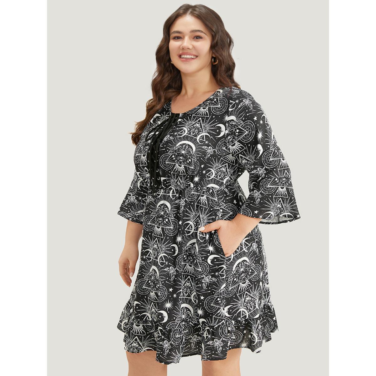 Plus Size Halloween Moon & Star Lace Up Pocket Bell Sleeve Dress Black Women Office Cross straps Round Neck Elbow-length sleeve Curvy Knee Dress BloomChic 22-24/3X Product Image
