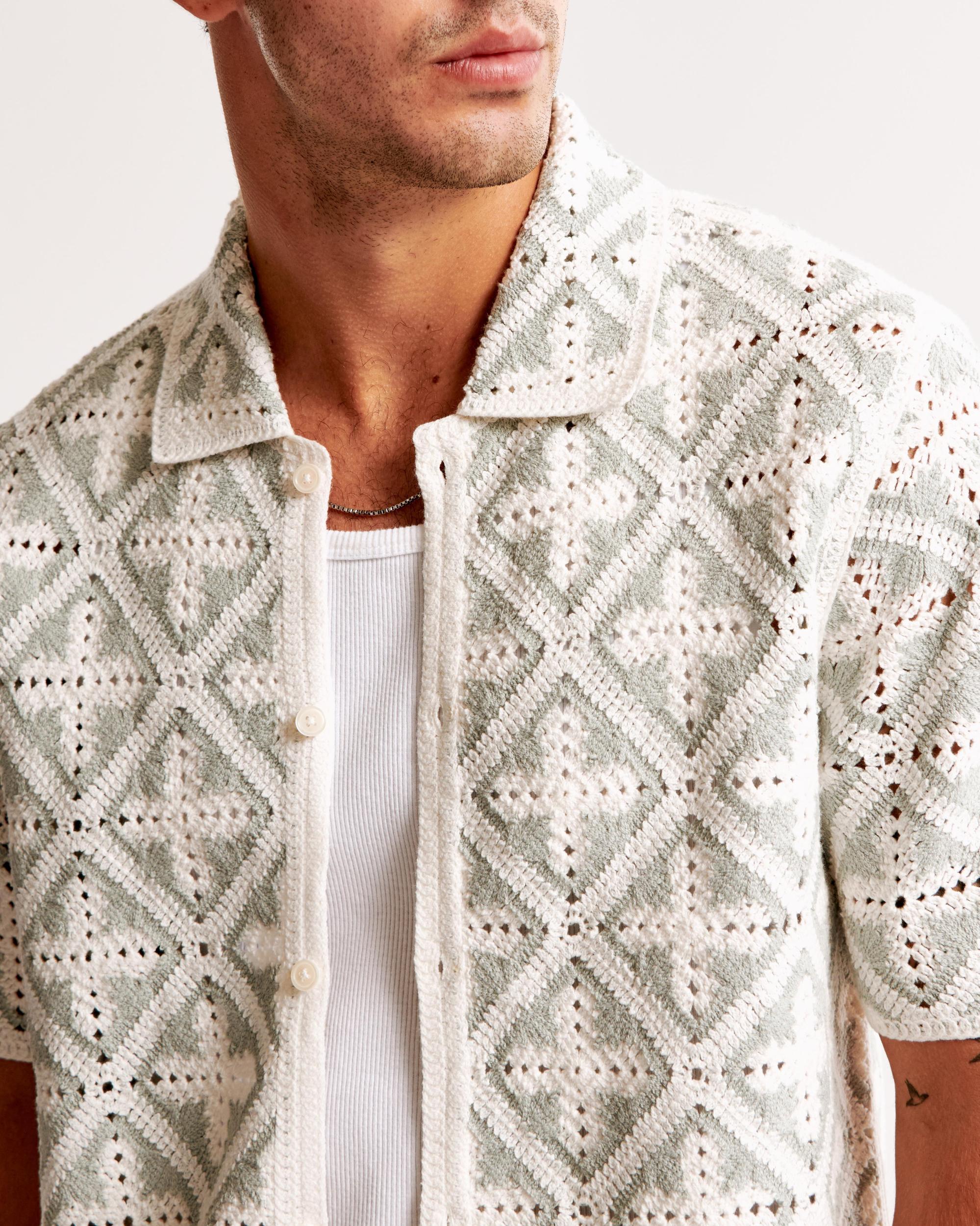 Crochet-Style Geometric Pattern Button-Through Sweater Polo Product Image