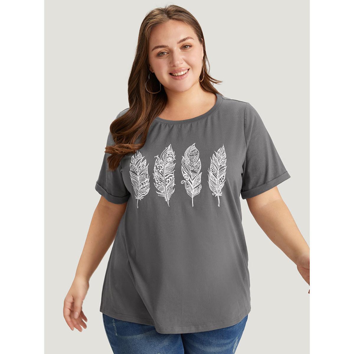 Plus Size Feather Print Roll Sleeve T-shirt DimGray Women Casual Printed Feather Dailywear T-shirts BloomChic 14-16/1X Product Image