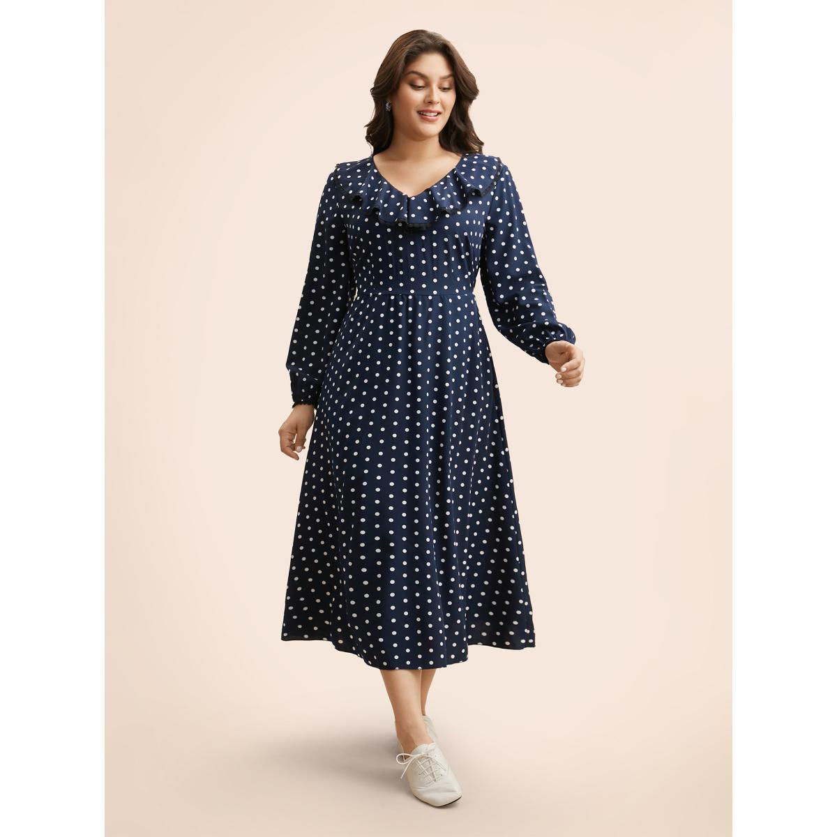 Plus Size Polka Dot Ruffle Trim Midi Dress DarkBlue Women Elegant Ruffles V-neck Long Sleeve Curvy BloomChic 22-24/3X Product Image