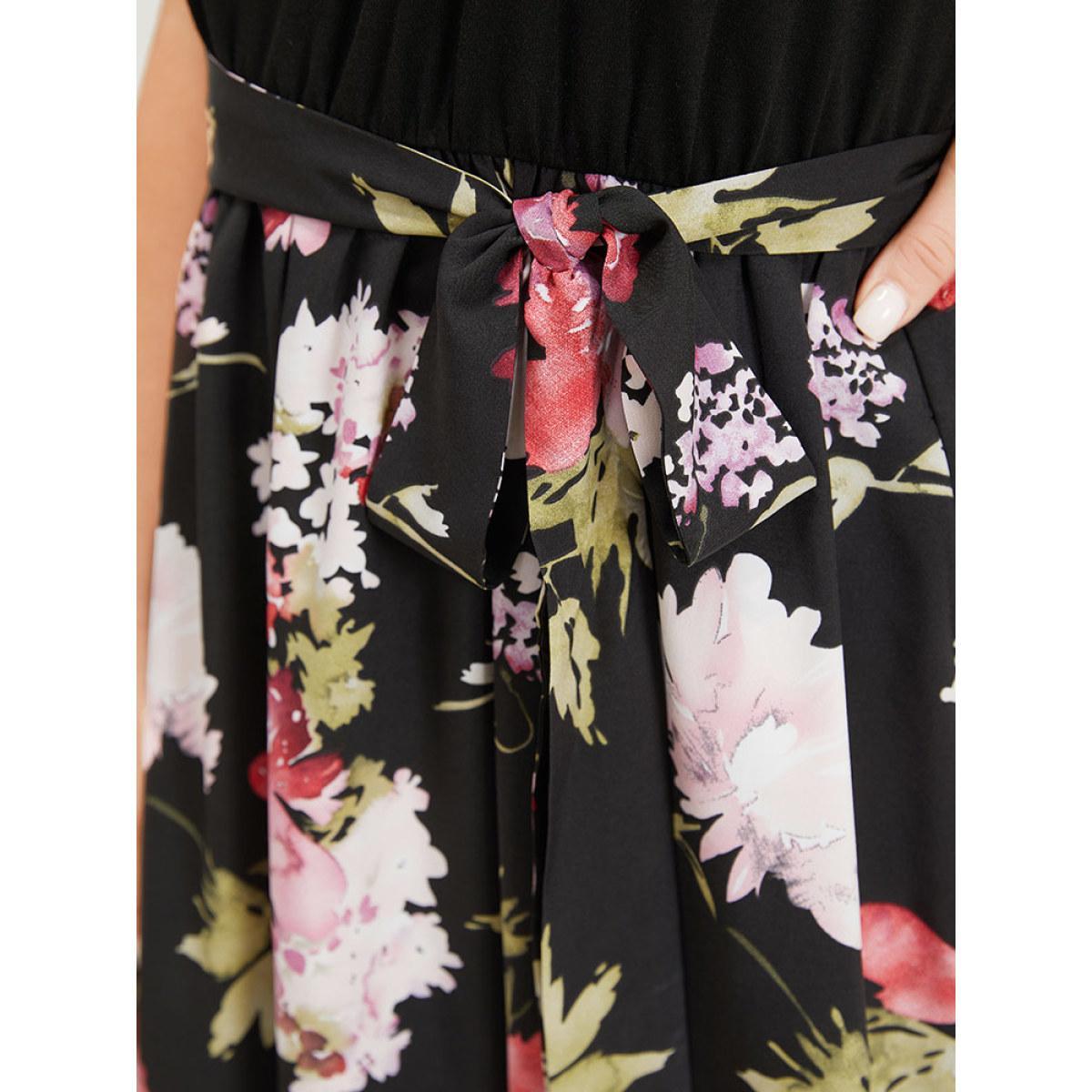 Plus Size Floral Print Patchwork Pocket Belted Asymmetrical Hem Dress Black Women Glamour Plain Round Neck Short sleeve Curvy Midi Dress BloomChic 30/6X Product Image