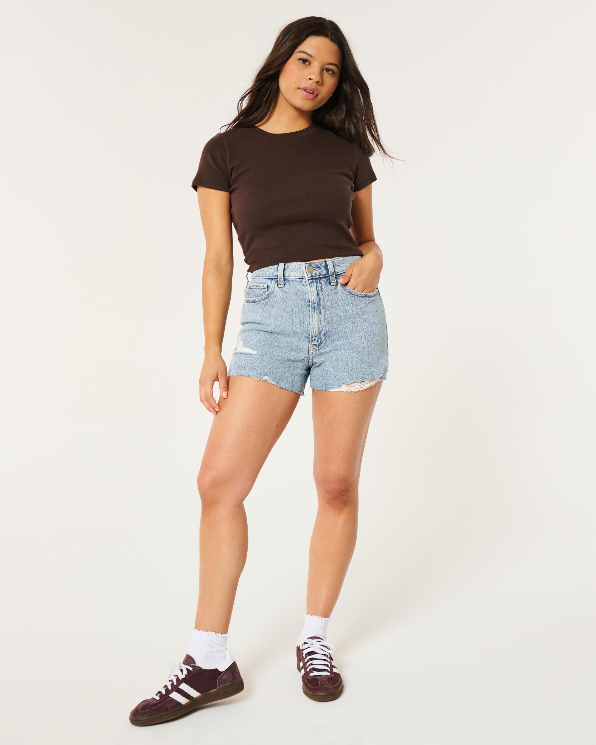 Ultra High-Rise Ripped Light Wash Denim Mom Shorts Product Image