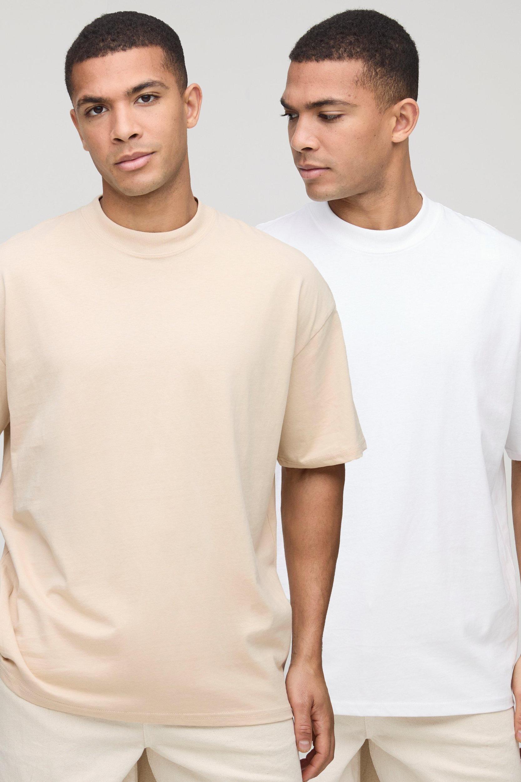 2 Pack Basic Oversized Heavyweight Extended Neck T-Shirts | boohooMAN USA Product Image